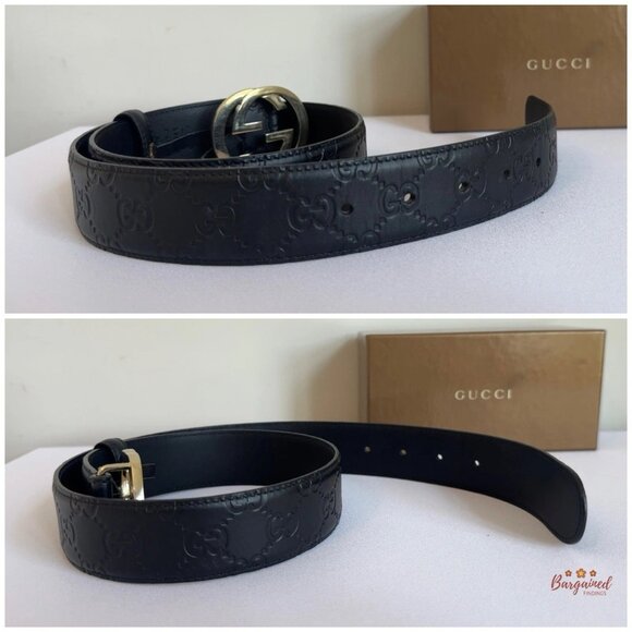 Authentic Gucci Black Guccissima Leather Gold Interlocking G Buckle Belt 75/30 - Picture 9 of 13